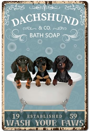 CREATCABIN Cartel de metal vintage con diseño de perro salchicha para bañera, arte de pared, póster de pintura retro, placa de hierro para decoración de pared, imagen de perro salchicha, decoración de