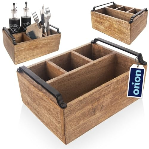orion group Holzbehälter Besteckhalter Besteckkorb Besteckkasten Besteckständer mit 4 Fächern für Besteck Saucen Servietten und Gewürze