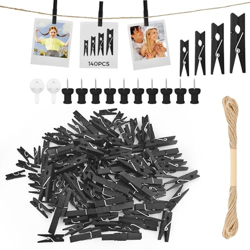 HavaCue 140 Piezas Pinzas De Madera Pequeñas Negro 2.5/3/3.5/4.5CM Para Fotos Boda Mini Pinzas De Madera Foto De Polaroid Con Cuerda De Yute De 10m DIY Pinzas For Photo Wall