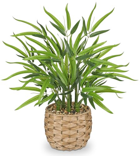 Arborus Planta artificial de bambú artificial de 49 cm, plantas artificiales de bambú, decoración en cesta de mimbre, planta decorativa para decoración de mesa bohemia, estante decorativo, cocina,