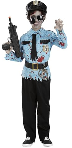 Funidelia Zombie-Polizist-Kostüm mit Zubehör für Jungen, Hose, T-Shirt, Gürtel, Krawatte, Mütze und Maschinenpistole - Wächter-Kostüm für Kinder für Partys, Karneval und Halloween - Größe 7-9 Jahre