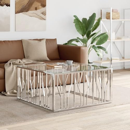 Willood Couchtisch Wohnzimmertisch Beistelltisch 100x100x50 cm Edelstahl und Glas Silber Stil 2