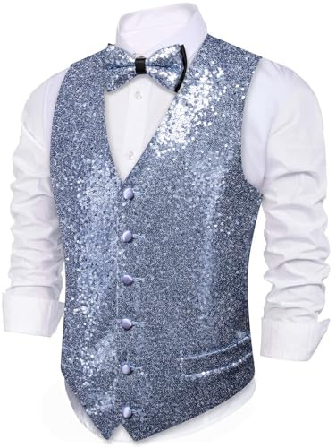 Barry.Wang Mens Sequin Shiny Blue Waistcoat Bowtie Set Casual/Leisure V-neck Slim Fit Suit Vest for Festival Party Prom 2PCS