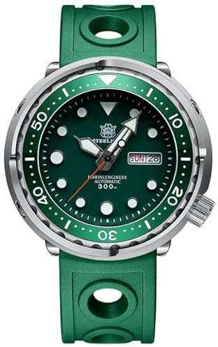 London Craftwork SD1975 Steeldive Tuna 300M wasserdichte automatische Taucheruhr NH35 Uhrwerk, Grünes Kautschukarmband (Tag/Datum), Militär