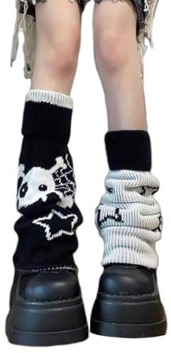 HINAYOSAN Scaldamuscoli per donne e ragazze, calze da donna in stile gotico da strada, scaldamuscoli a maglia, con teschio, scheletro, stella, jacquard, reversibile, svasato, ampio, coprigambe,