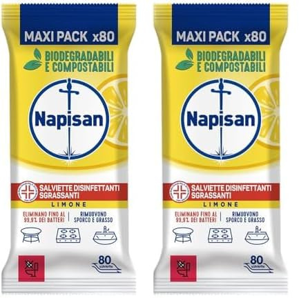 Napisan Salviette Disinfettanti Sgrassanti al Limone, Confezione da 160 Salviette Disinfettanti Biodegradabili e Compostabili Multisuperfici