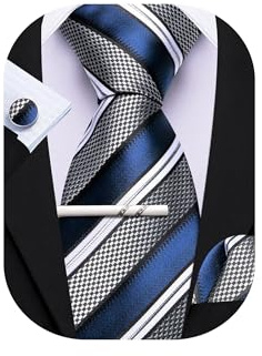 Barry.Wang Navy Blue Black Grey Tie with Tie Clip for Men Striped Silk Necktie Pocket Square Cufflinks Set Formal Business Wedding Party