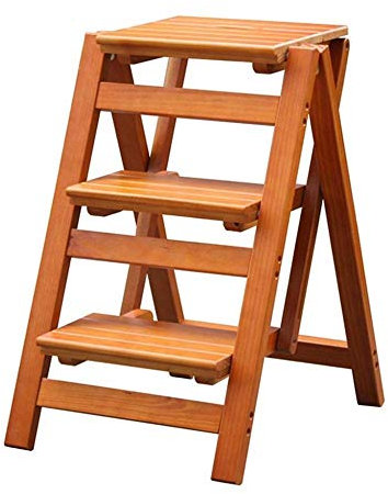 SIAMZYWV Tritthocker, Klapptrittleiter-Fußhocker Holzhocker Klapptritthocker Massivholz-Blumenregal 3-Stufen-Sicherheitstrittleiter Küchenbüroleiterhocker Indoor-Aufstiegsstuhl/Braun
