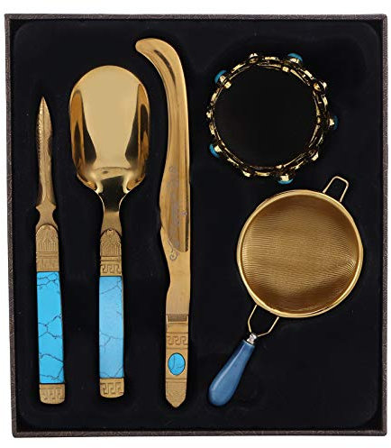 Lybunair Set per cerimonia del tè, in acciaio inox 304, cucchiaino, clip ago, set di filtri, accessori per tè Kung Fu, in oro