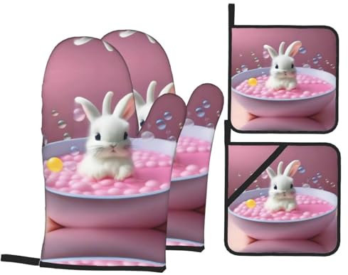 Poezjzw Bubble Cream Bunny Bath Oven Gloves 4-teiliges Set ist rutschfest und verbrühungssicher, geeignet für Heimbacken, Grillen und Mikrowelle