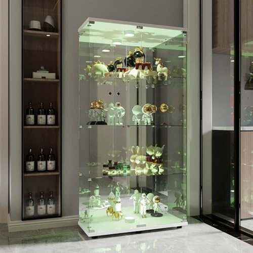 DAHUEN Vitrine auf Fuß aus Glas, 4 Ebenen, LED-Beleuchtung, Schloss und 2 Türen, mit Spiegelrückwand, LED-Sammlervitrine für Sammlerstücke und Bücher (weiß)
