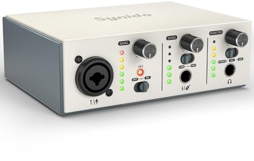 Synido USB C Audio Interface for Recording Music, Streaming, Podcasting with XLR, Line Input, 24bit/48kHz, 48V Phantom Power, 2-channel, Silver