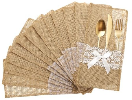QUARKZMAN 12 Stück Burlap-Spitzen-Besteckhalter, 4 x 8 Bestecktasche Silberwarenhalter Natürliche Jute-Tasche Burlap-Serviettentasche für Party-Hochzeitsdekoration