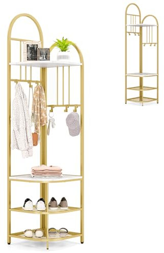 HOMASIS Eck Garderobenständer mit Sitzbank, 3 in 1 Kleiderständer mit 6 Haken & 2 Schuhregal & 2 Ablagen, Metall Garderobe Eckgarderobe Flurgarderobe für Flur, Wohnzimmer, Schlafzimmer (Gold)