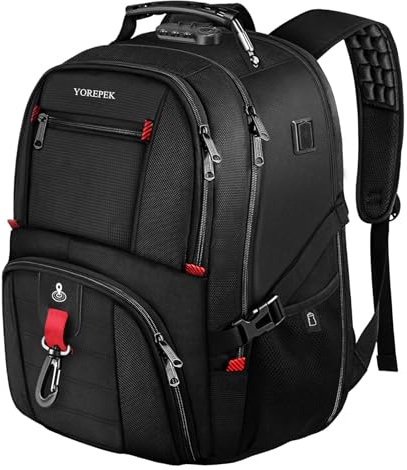 YOREPEK Mochila Grande Hombre 50L, Mochila Trabajo Antirrobo con Airtag y Bloqueo RFID Laptop Backpack con Puerto de Carga USB Impermeable para Portatil 17 Pulgadas, Escolar, Trabajo, Viaje, Negro