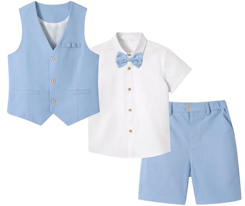 LOLANTA 4 st sidor pojke kort dräkt, barn linnedräkt sommarkostym, festliga sommarbröllop dop ceremoni outfit, födelsedag partykläder, barn västar shorts set med fluga, Himmelsblå, 5-6 år