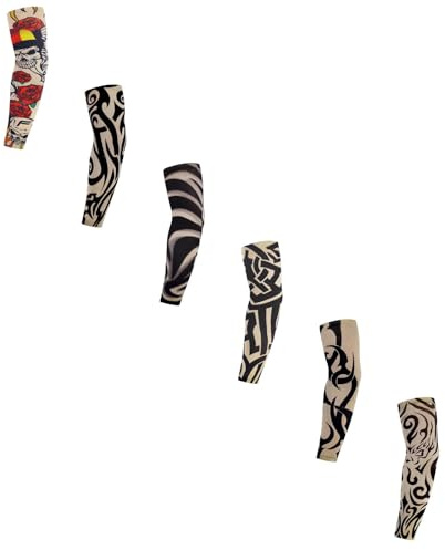 Generisch 6 Stück Tattoo Ärmel für Männer Frauen, Sonnencreme Armlinge Tattoo Sleeve, Tattoo Armstrumpf, Temporäre Tattoos Arm Sleeves, Tattoo Ärmel Herren Frauen für Karneval Fasching Party (E)