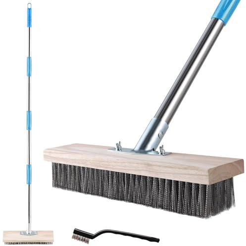 156cm Drahtbesen mit Teleskopstiel, Straßenbesen Unkraut Aus Edelstahl, Gartenbesen zum Entfernen von Unkraut, Moos, Hartnäckigen Flecken, Strassenbesen mit Stiel für Terrasse Deck Garten (20CM)