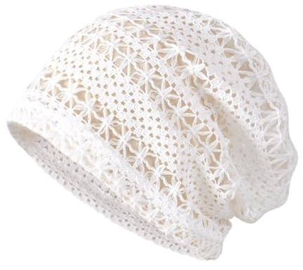Hrlace Damen Sommer-Strickmützen Handgemacht Häkelmütze Slouch Beanie Mütze Cutout-Hüte Vintage Slouchy-Mütze Leicht Dünne Gestrickt Sommerhüte für Mädchen Frauen Frühling Sommer Weiß