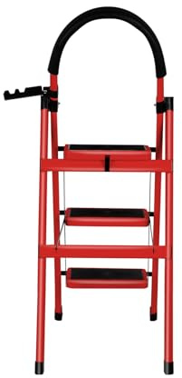Scaletta a 3 gradini antiscivolo, massima di 150 kg, sgabello in acciaio, per adulti, per casa, cucina, garage, ufficio, 104 x 57 x 41,5 cm, 3 gradini (rosso)