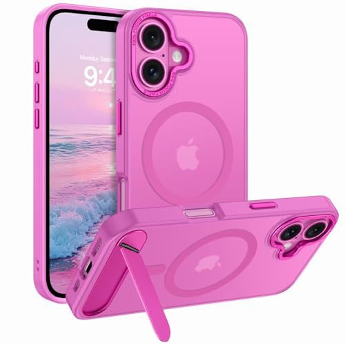 YINLAI Coque de protection magnétique anti-chute pour iPhone 16 6,1 pouces avec support compatible avec MagSafe Case iPhone 16 Rose fuchsia