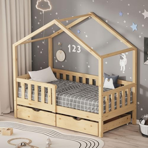 ML-Design Kinderbett Hausbett 70x140 cm Natur mit 2 Schubladen, Holzbett mit Rausfallschutz, Lattenrost und Dach, Spielbett aus Kiefernholz für Kinder, Montessori Bodenbett Bettgestell Bettenhaus Bett