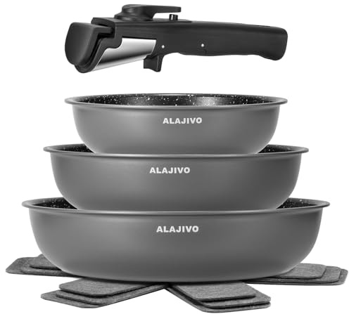 Non Stick Frying Pan Set for Induction Hobs, 7 Piece, Kitchen Cookware Set with Removable Handle, Healthy Granite NonStick Cookware