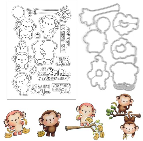 Briartw Monkey Stamps and Dies Set, Cute Animal Design Clear Stamps for Card Making, Scrapbooking, Journaling, Paper Crafting Supplies
