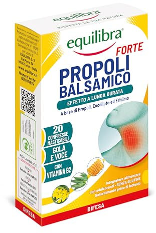 Equilibra Propoli Balsamico Forte, Compresse Masticabili Mal di Gola e Voce, Effetto a Lunga Durata, con Propoli, Eucalipto, Erisimo e Vitamina B2, Adatto a Vegetariani, Senza Glutine e Senza Lattosio