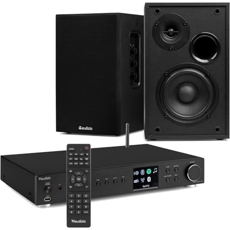 Audizio Adria DAB+ Internet Radio & Active Bluetooth Bookshelf Speakers – Spotify Connect, WiFi, RCA Bundle – HiFi Audio Streamer System for Home, Office, Café
