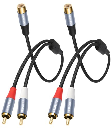 HUALEU 1FT RCA Splitter 1 Female to 2 Male, 2 Pack - RCA Audio Video Cable Splitter Adapter,Aluminum Alloy housing/Braided Cable/Integrated Injection Molded Splitter
