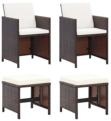 Runheo 4-TLG. Gartenstuhl und Hocker Set, Poly Rattan Braun, wetterfestes Outdoor-Möbel für Balkon & Terrasse, Bequeme Terrassenstühle mit Kissen