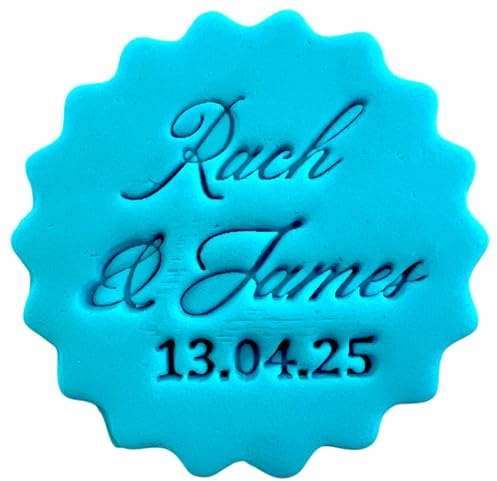 Personalised Cookie Stamp with Free Scallop Cutter, Wedding Couple Names, 5cm Acrylic Biscuit Embosser, Food-Safe Plastic Baking Tool, Fits M&S All Butter Biscuits (Design 1)