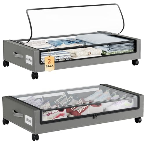 Somdot Unterbett Aufbewahrungsbox mit Rollen, 48L, 2er-Set, Kohlegrau | Bettkasten, Unterbettkommode mit Rollen, Sichtfenster, Großer Stauraum für Schuhe, Kleidung, 43,5T x 78,5B x 17H