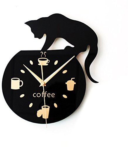 WINOMO Stille Cartoon Wanduhr Nette Klettern Katze für Trinken Kaffee Uhr Wand Dekoration Tasse Kaffee Uhr