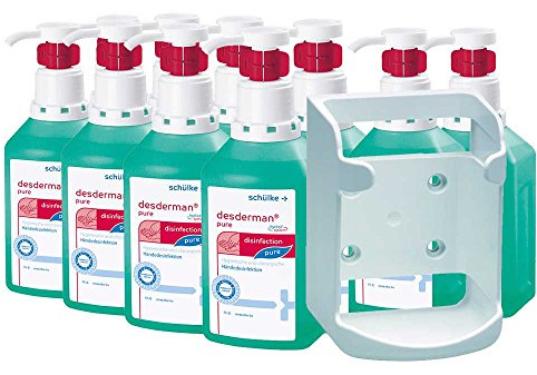 Desinfektions-Set, 10x 1000 ml Desderman hyclick Händedesinfektionsmittel + Wandspender f. Vierkant-Flaschen