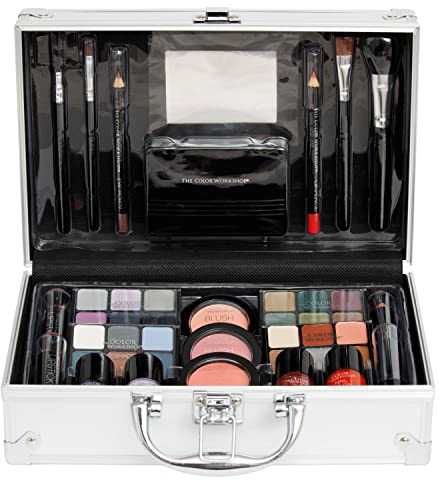 bonvoyage, 43-Piece Complete Makeup Kit, Includes Lipsticks, Eyeshadows, Blush, Nail Polish, Mirror and Make Up Brushes, Portable Lightweight Metal Train Case, Bon Voyage