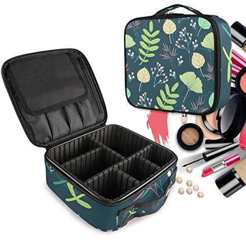 Pink Plant Leaf Flower Make Up Bag Toiletry Case Zipper Makeup Cosmetic Bags Organizer Pouch for Free Compartment Women Girls