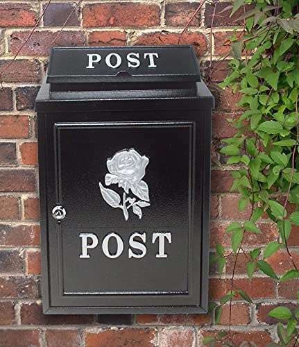 Aurahome® Vintage Weatherproof Post Box Classic Rose Design-Lockable Heavy Duty Secure Wall Mounted Letter Mail Post Box for Walls/Gates.Charming easy to fit (Black with Silver Rose)