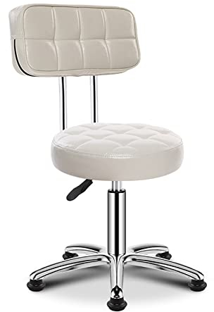 XZSBDXHH Rollhocker Drehhocker mit Rückenlehne 360° Drehbar PU-Leder Arbeitshocker Bürohocker Praxishocker Friseurhocker Sitzhöhenverstellung 43-58cm bis 150kg Belastbarkeit (White)