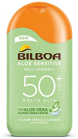 Bilboa, Protezione Solare Corpo Aloe Sensitive SPF 50+, Latte Solare Alta per Pelli Sensibili, Formula con Aloe Vera, Senza Alcool, Dermatologicamente Testato, 200 ml