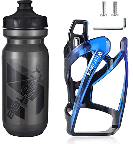 Porte-Bouteille de vélo - Version améliorée - Porte-Bouteille - Beau incassable - Léger - pour VTT, vélo de Course, VTT, vélo de Montagne (Noir Bleu + Bouteille d'eau)