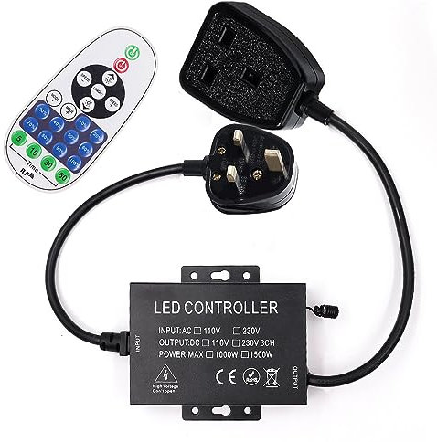 GQL 220V Universal Dimmer, 23 keys RF Remote Control + 1500W Dimmable Controller, Output DC 220V, General Model for 220V LED Strip/String/Fairy Light with UK Plug