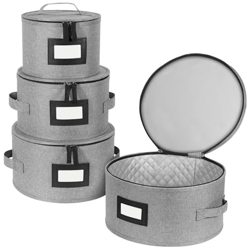 BALEINE China Storage Containers, Sturdy Quilted Wine Glass Storage, Plate Organizer with Carry Handles, Moving Boxes for Dishes, Cups, Mugs and Stemware (Plate, Hard Shell Grey)