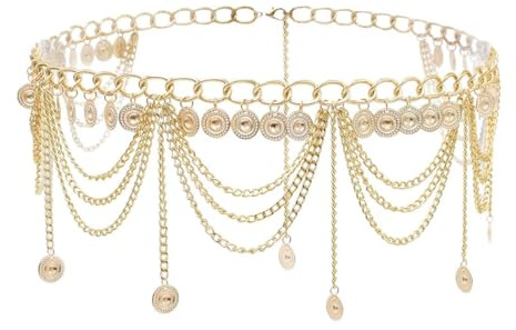JOCXZI Chaînes de taille,Accessoire chaîne de taille de danse orientale avec pendentif pompon, longueur de la chaîne 70 cm + chaîne d'extension 30 cm (or)