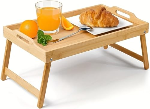 Avilia Vassoio per Colazione a Letto in Bambù con Piedini Pieghevoli - Elegante Tavolino da Letto per Colazione - Vassoio Multifunzionale - 50x30x21cm (Legno Naturale)