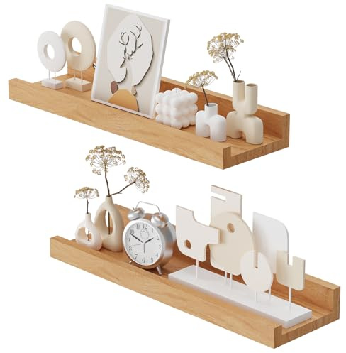 YheenLf Estantes de Pared, Juego de 2 Estanteria Flotantes, 40 x 12 cm Estantería Colgantes con Bordes Altos, Balda Madera para Dormitorio, Salón, Cocina, Baño, Natural
