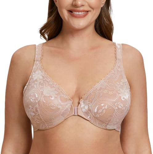 MELENECA Women's Plus Size Front Closure No Padding Full Coverage Lace Underwire Bra Beige 38F