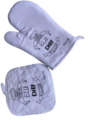 Gant et Manique de Cuisine Blancs Imprimés Papa élu Chef du Barbecue - Personnalisé avec Prénom des Enfants - Cadeau Idéal pour la Fête des Pères, Anniversaire