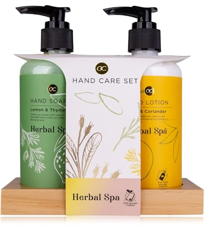 Accentra HERBAL SPA Set de cuidado de manos sobre estante de madera, jabón de manos de 290 ml y loción de manos de 290 ml, envases (papel) y botellas de material reciclado - recargables
